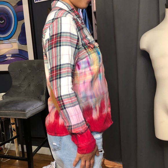 ❤️ L.O.G.G. By H&M dip-dyed tie-dyed plaid shirt 42 / 12 one of one - Picture 13 of 15